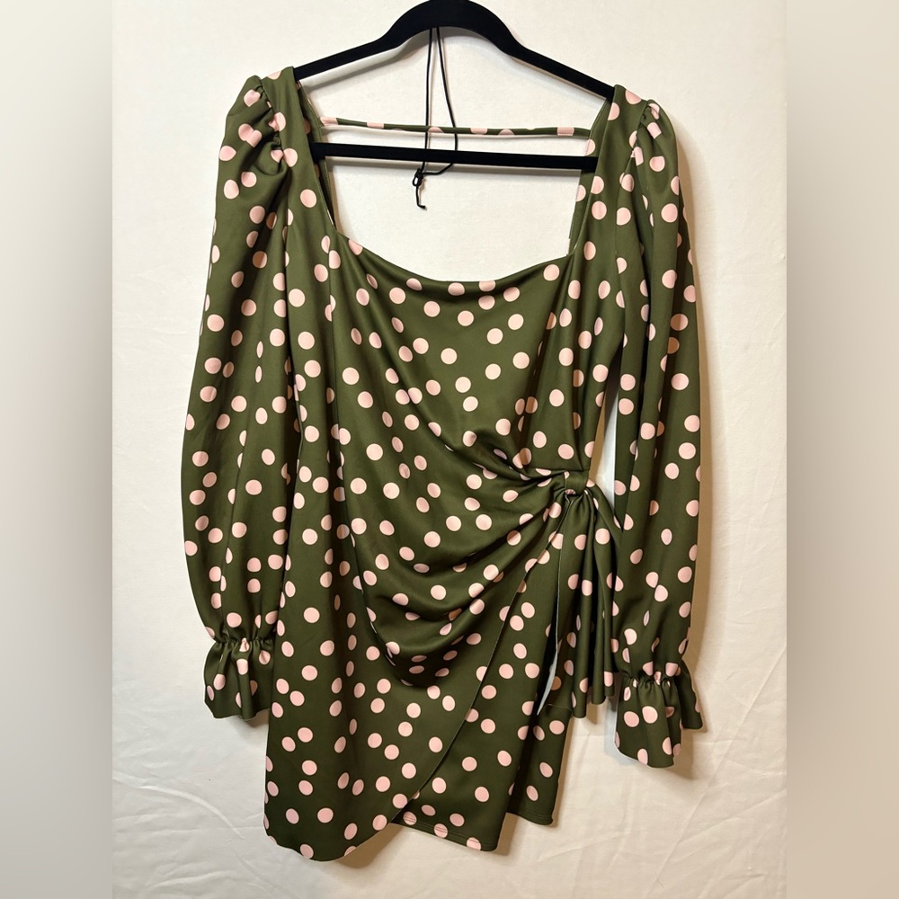 ASOS DESIGN Olive Green Polka Dot Faux Wrap Mini Dress